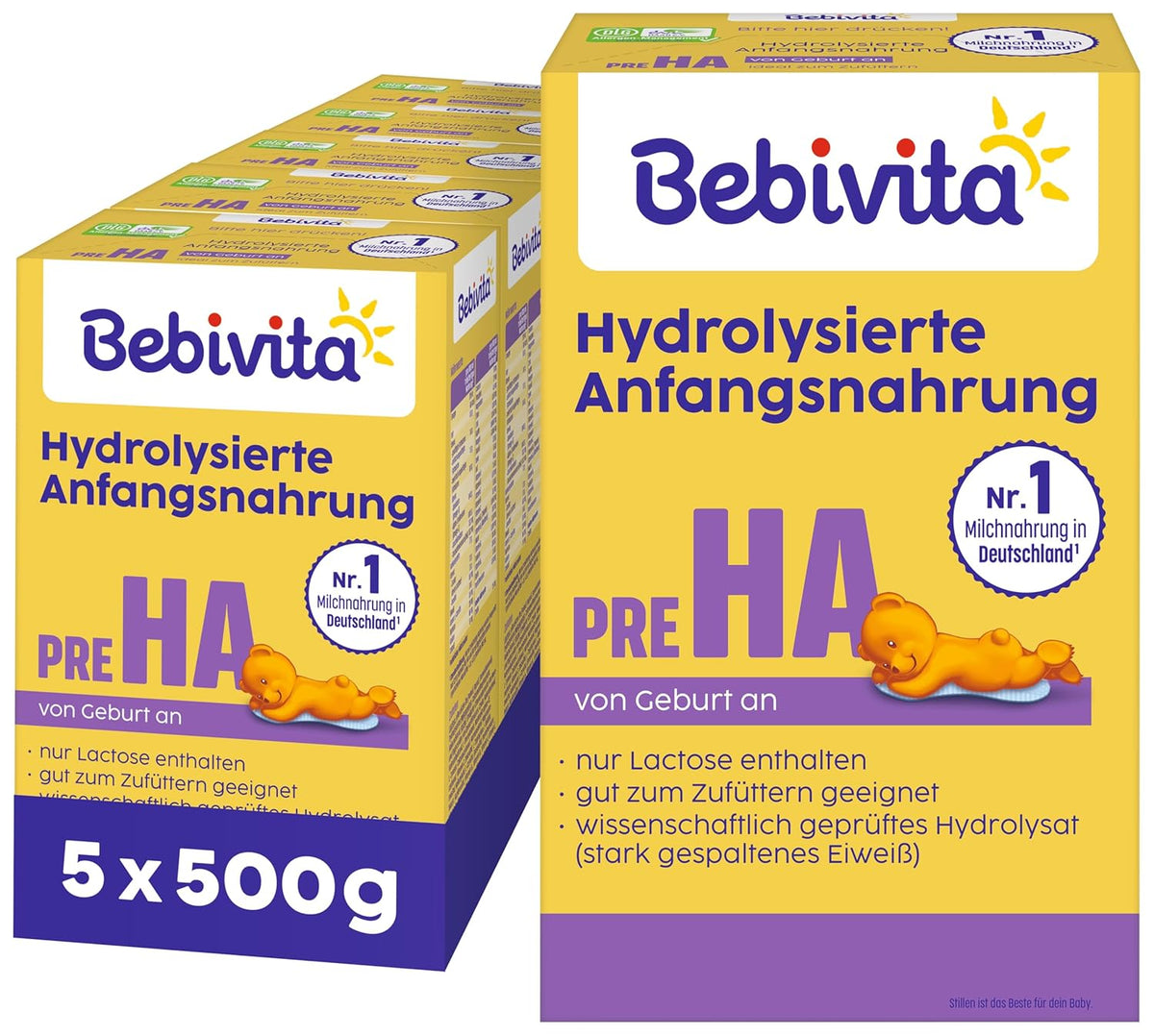 PRE HA (5 x 500g), hydrolizowane mleko w proszku od urodzenia, zawiera wyłącznie laktozę jako węglowodan, nadaje się do karmienia uzupełniającego