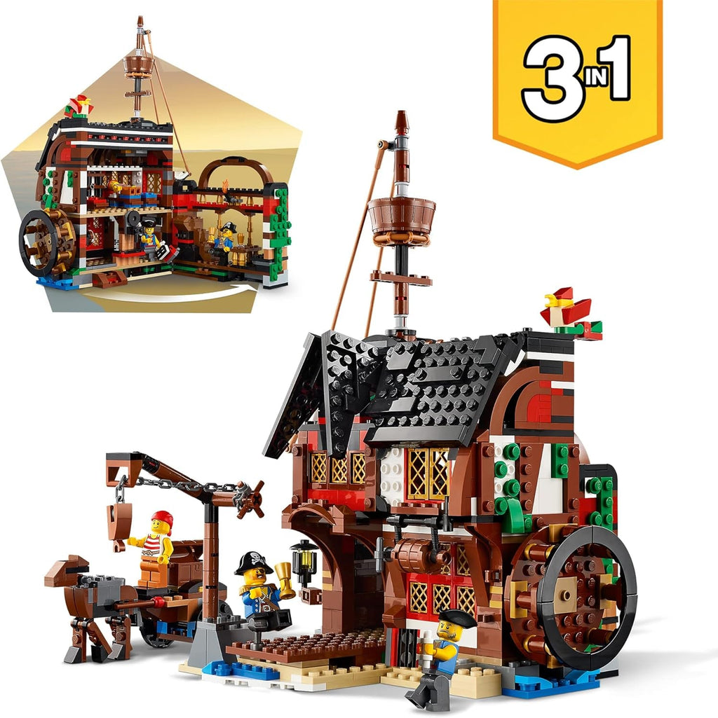Set navă pirat LEGO Creator 3 în 1, jucărie cu 3 opțiuni de construcție, construiește o tavernă pirat sau o insulă pirat cu craniu, include 3 minifigurine pentru aventuri de rol 31109 Seturi de constructie Besuche den LEGO-Store