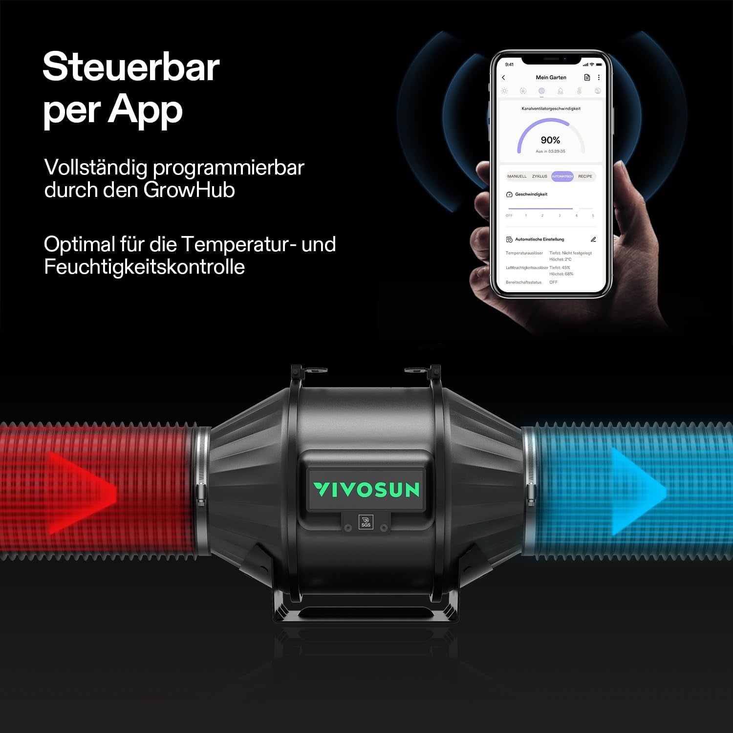 Inteligentny system uprawy VIVOSUN z lampą LED AeroLight A100SE o mocy 100 W, zintegrowanym wentylatorem obiegowym, wentylatorem kanałowym AeroZesh T4 100 mm i wydajnością 357 m3/h oraz kontrolerem GrowHub E42A do uprawy w namiotach i pomieszczeniach zamkniętych