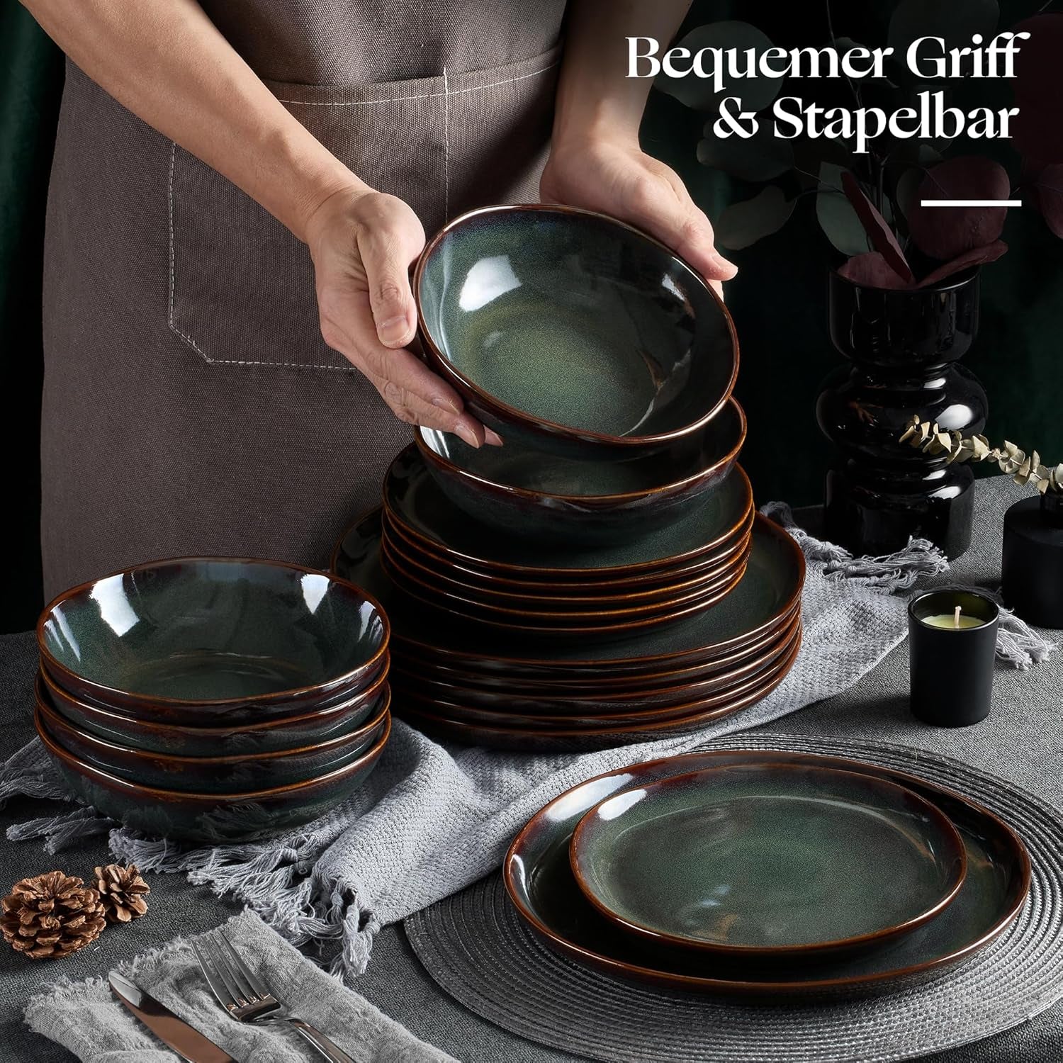 Set de veselă pentru 6 persoane, set de servire din gresie, format din 18 piese, boluri rotunde neregulate pentru cereale, farfurii de desert, farfurii de cină, rezistent la zgârieturi și potrivit pentru cuptorul cu microunde, verde mușchi reactiv