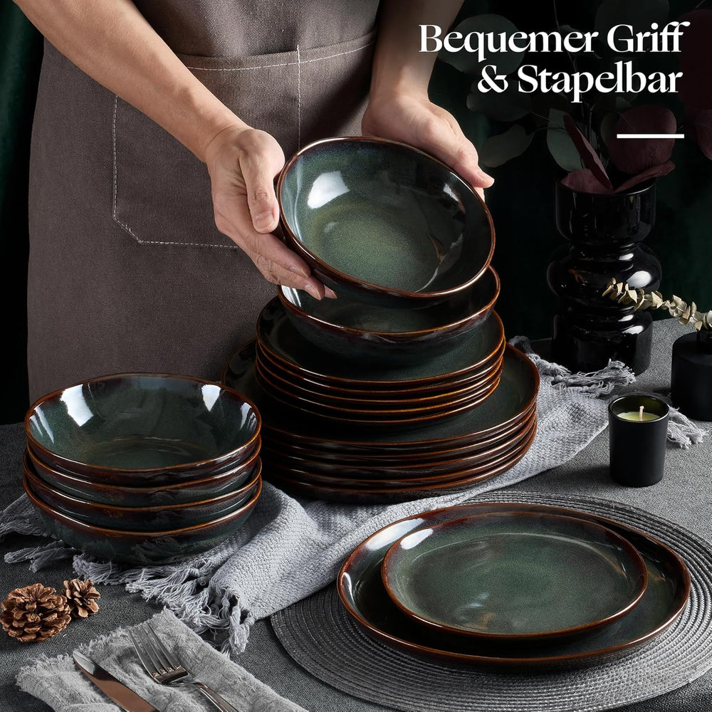 Set de veselă pentru 6 persoane, set de servire din gresie, format din 18 piese, boluri rotunde neregulate pentru cereale, farfurii de desert, farfurii de cină, rezistent la zgârieturi și potrivit pentru cuptorul cu microunde, verde mușchi reactiv