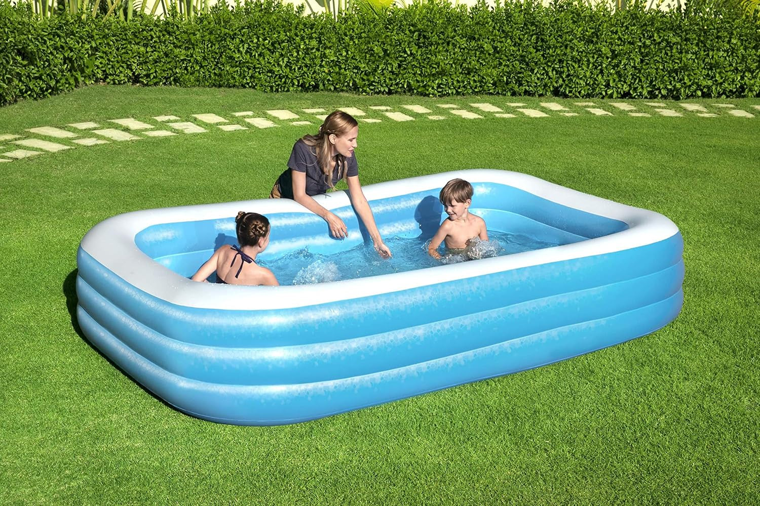 Bestway Family Pool Deluxe Prostokątny basen dla dzieci Łatwy w montażu Niebieski 305x183x56cm Nadmuchiwane materace i nadmuchiwane akcesoria 305x183x56cm Kolor
