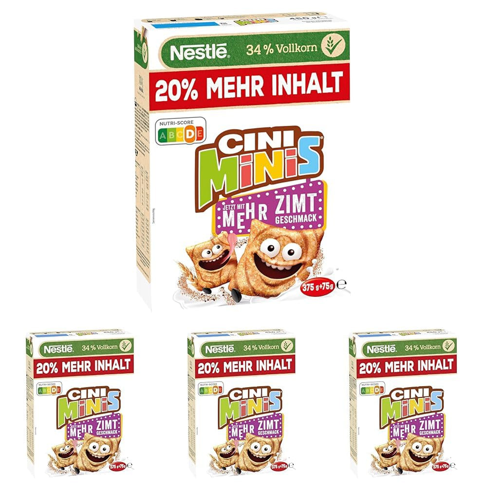 Nestlé CINI MINIS, Muesli z cynamonem, 37% pełnoziarnistych ziaren witalnych, z witaminami, wapniem i żelazem, chrupiące płatki, opakowanie 7 szt. (7x375g)