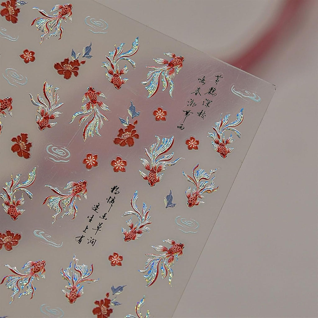 JMEOWIO 3D Nagelsticker Koi Fisch Nail Art Sticker Selbstklebend Nagelaufkleber 5D Stereoskopisch Dekoration Nageldesign Zubehör 1 Blatt