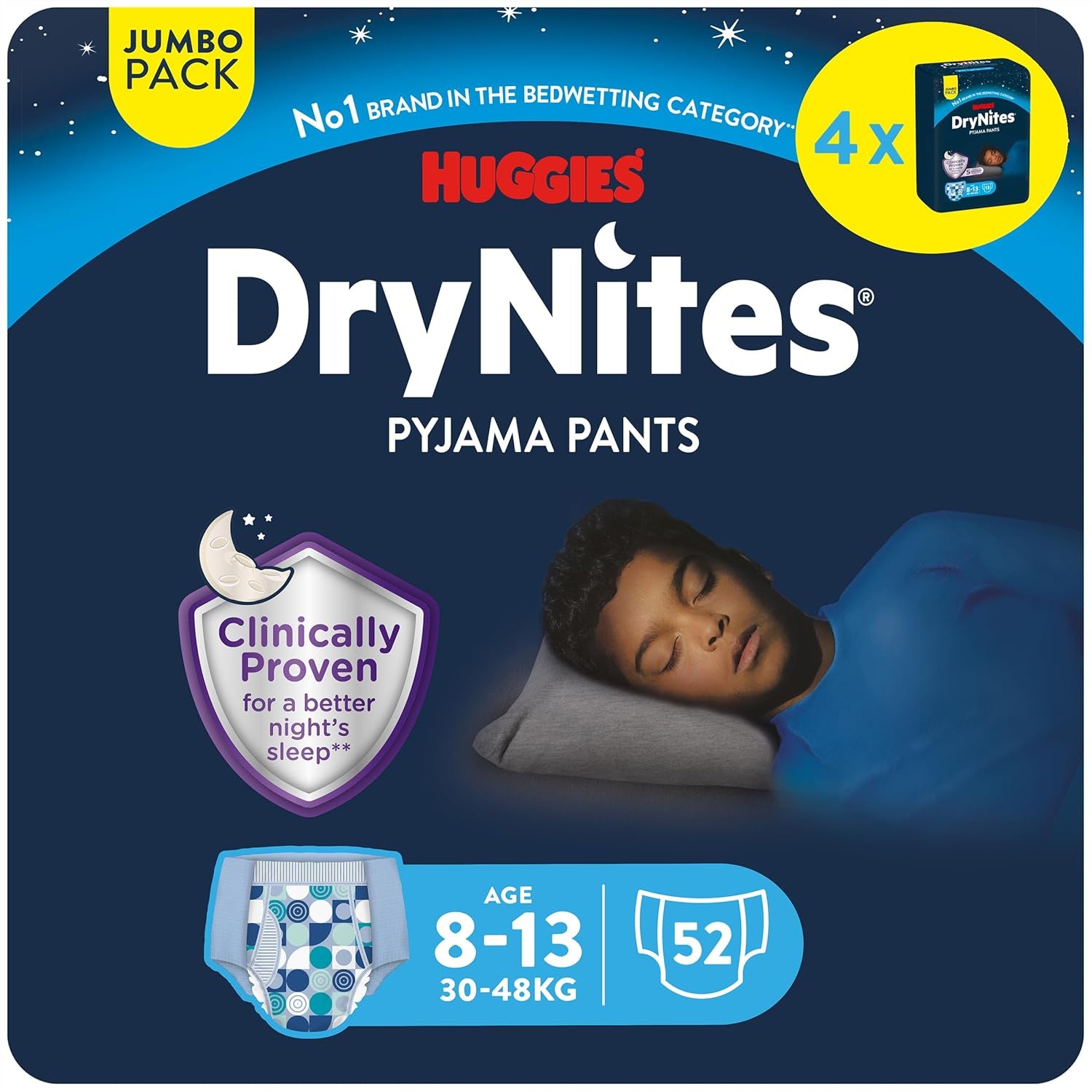 Huggies DryNites Super chłonne pieluszki nawilżające na noc dla chłopców 8-13 lat (30-48kg) 27 sztuk (3 x 9 sztuk) Pieluchy majtkowe