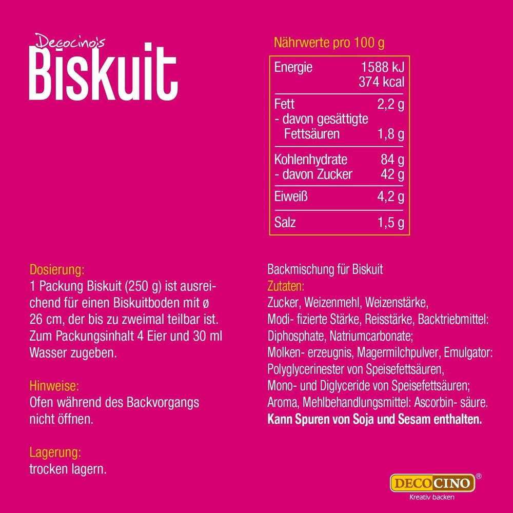 DECOCINO Biscuit Backmischung (250 G) – Einfache Zubereitung – Gelingsicher – Zum Backen Von Luftigen Biskuitböden, Creme-Torten, Biskuitrollen Uvm. Sklep Naty