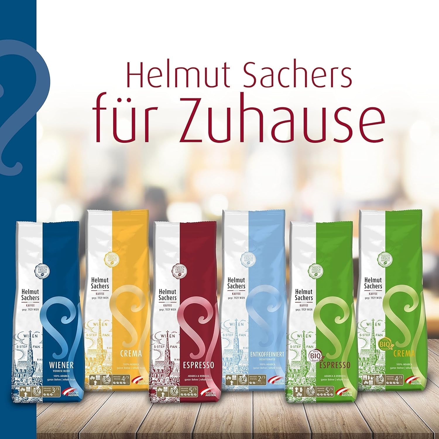 Helmut Sachers Kaffee - mieszanka wiedeńska, moc 3/5, 100% arabiki, całe ziarna kawy, 6 x 500 g Naty Shop