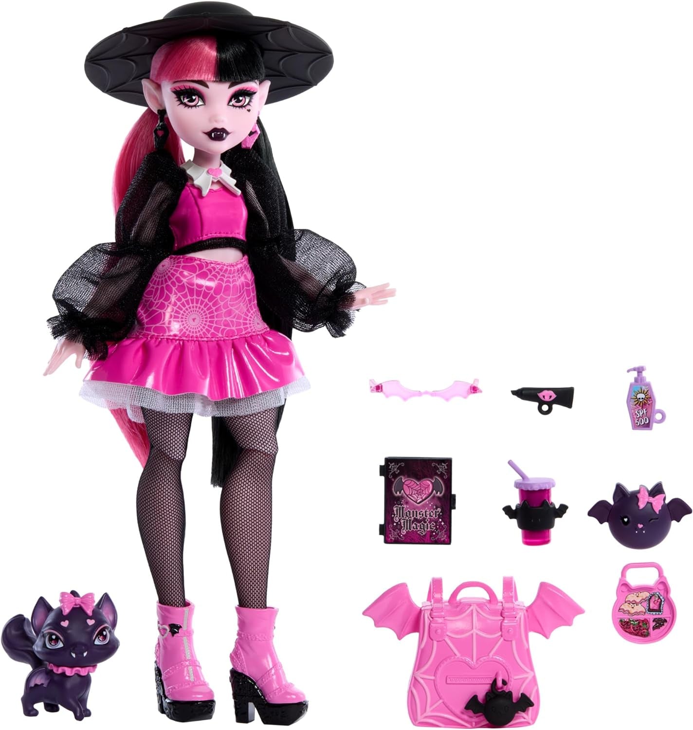 Lalka Monster High Draculaura ze swoim zwierzakiem, hrabią, wspaniałym kotem-nietoperzem i akcesoriami, takimi jak plecak, księga zaklęć, pudełko bento i inne, lalki HRP64 Naty Shop