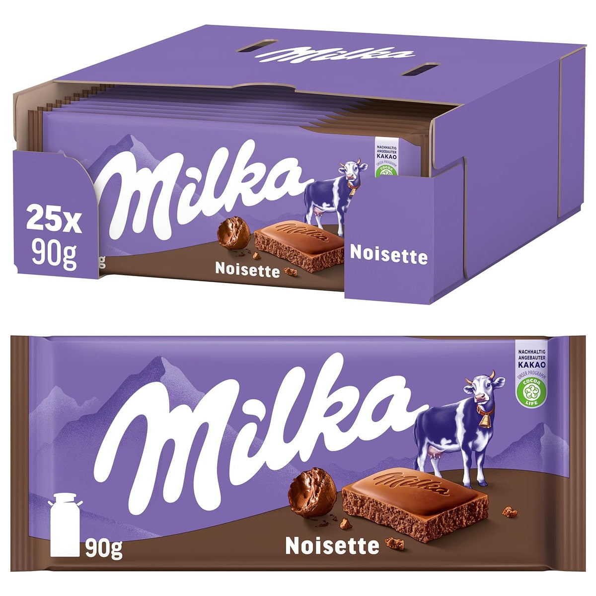 Milka Noisette – Alpejska czekolada mleczna z delikatnym i kremowym nadzieniem z orzechów laskowych – 25 x 90g