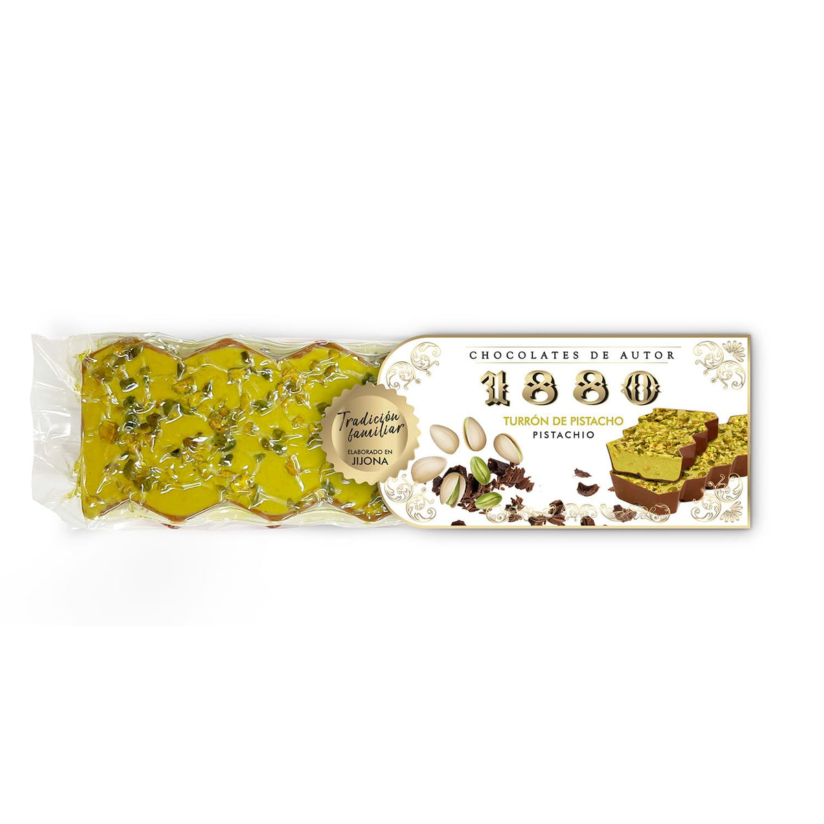 Rzemieślniczy czekoladowy turrón pistacjowy, 200g, kremowa konsystencja, najwyższa jakość, doskonałe składniki, autentyczny smak, najdroższy turrón na świecie