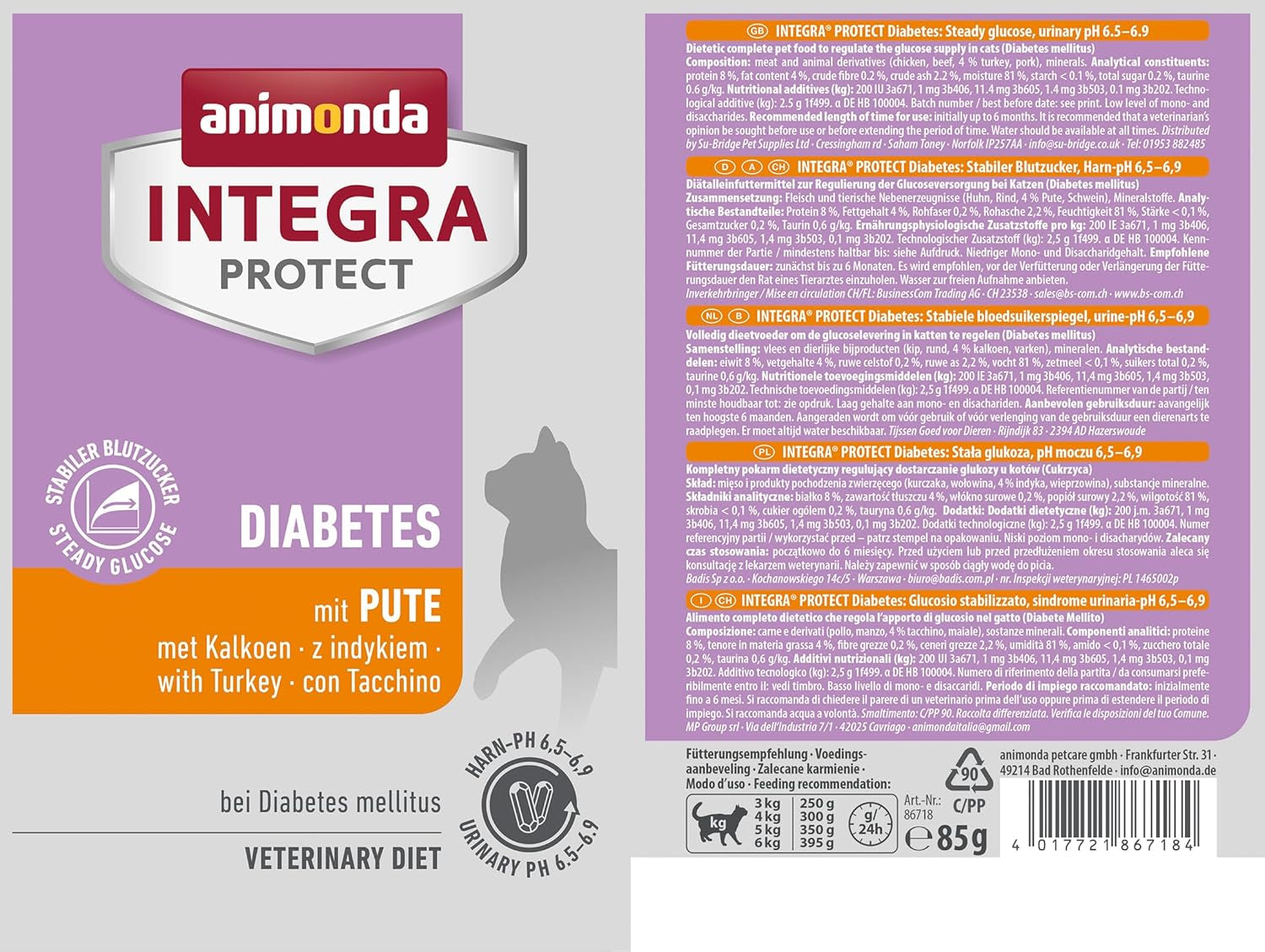 Animonda INTEGRA PROTECT hrană umedă pentru pisici diabetice cu carne de curcan (24 x 85g), recomandată de medicii veterinari pentru diabet zaharat, o hrană dietetică completă pentru pisici adulte, dezvoltată împreună cu medicii veterinari.