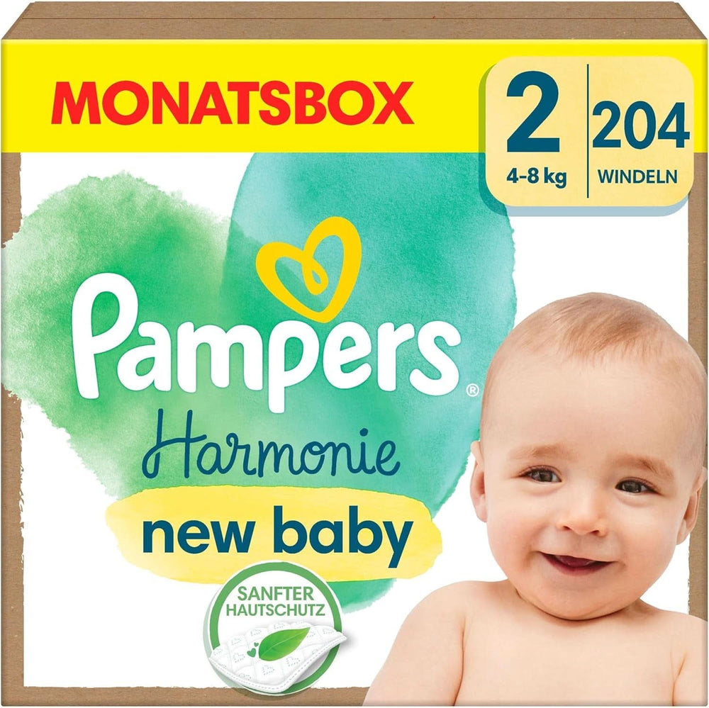 Pampers Baby pieluchy rozm. 2 (4-8 kg) Harmony, Delikatna ochrona skóry i składniki pochodzenia roślinnego, 204 sztuki Mother and Baby Naty Shop