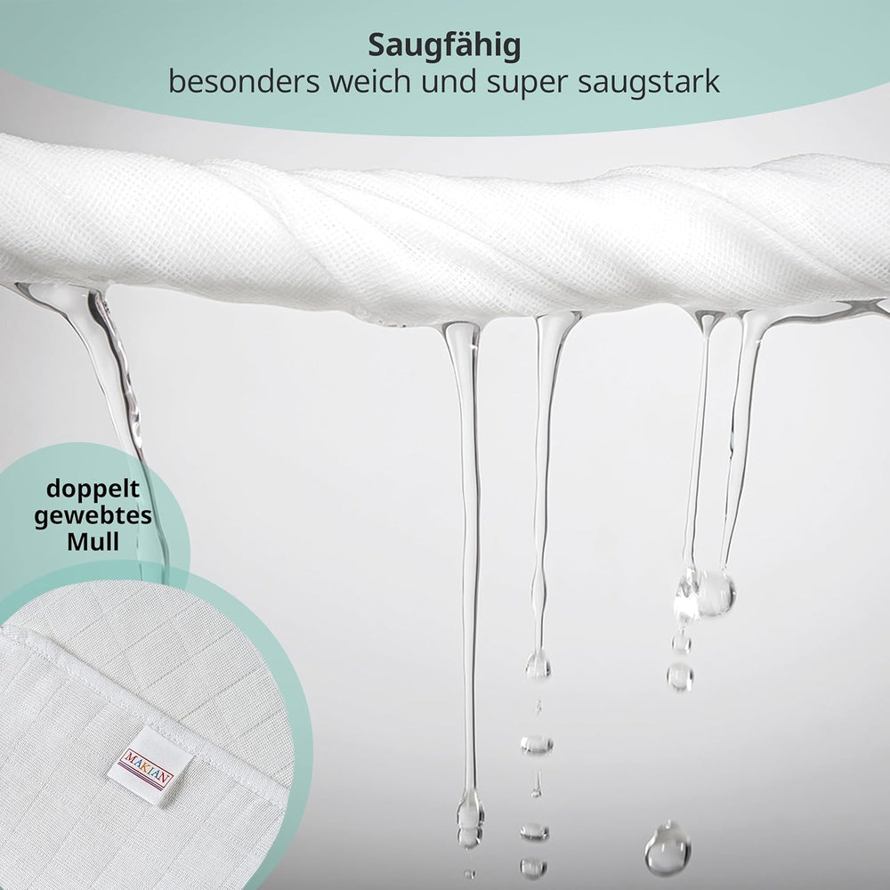 MAKIAN Muślinowe kwadraty, opakowanie 10 sztuk, 80x80cm, certyfikat Oeko-TEX® Standard 100, 10 wysokiej jakości ściereczek do odbijania - podwójnie tkane kwadraty / kwadraty muślinowe, odporne na gotowanie - białe