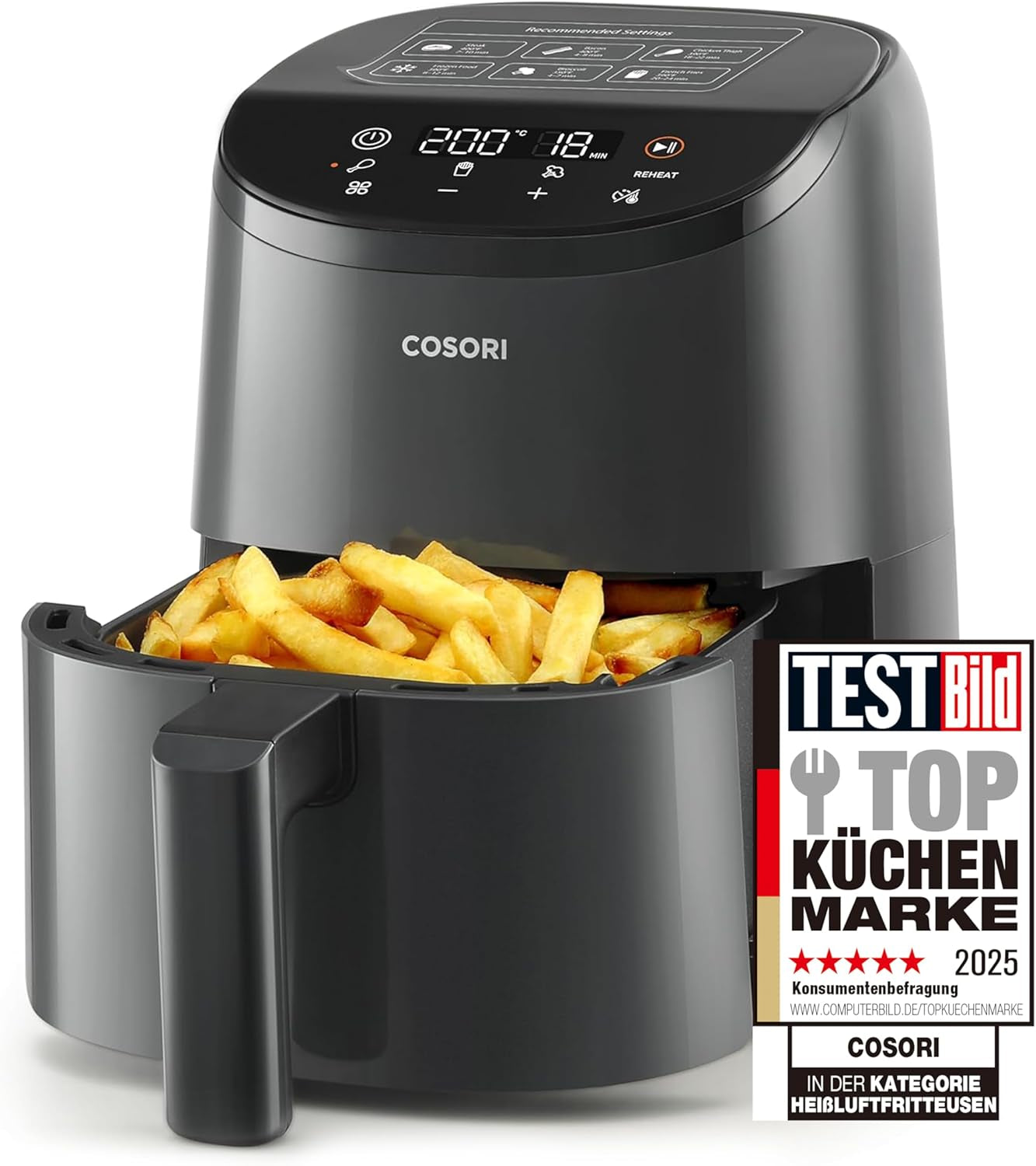 COSORI Frytkownica na gorące powietrze Airfryer, frytownica 12 w 1 XXL 6,2 l, frytkownica na gorące powietrze z okienkiem i przypomnieniem o zamieszaniu, 80 przepisów Sprzęt AGD Naty Shop Light Black 2L Mini