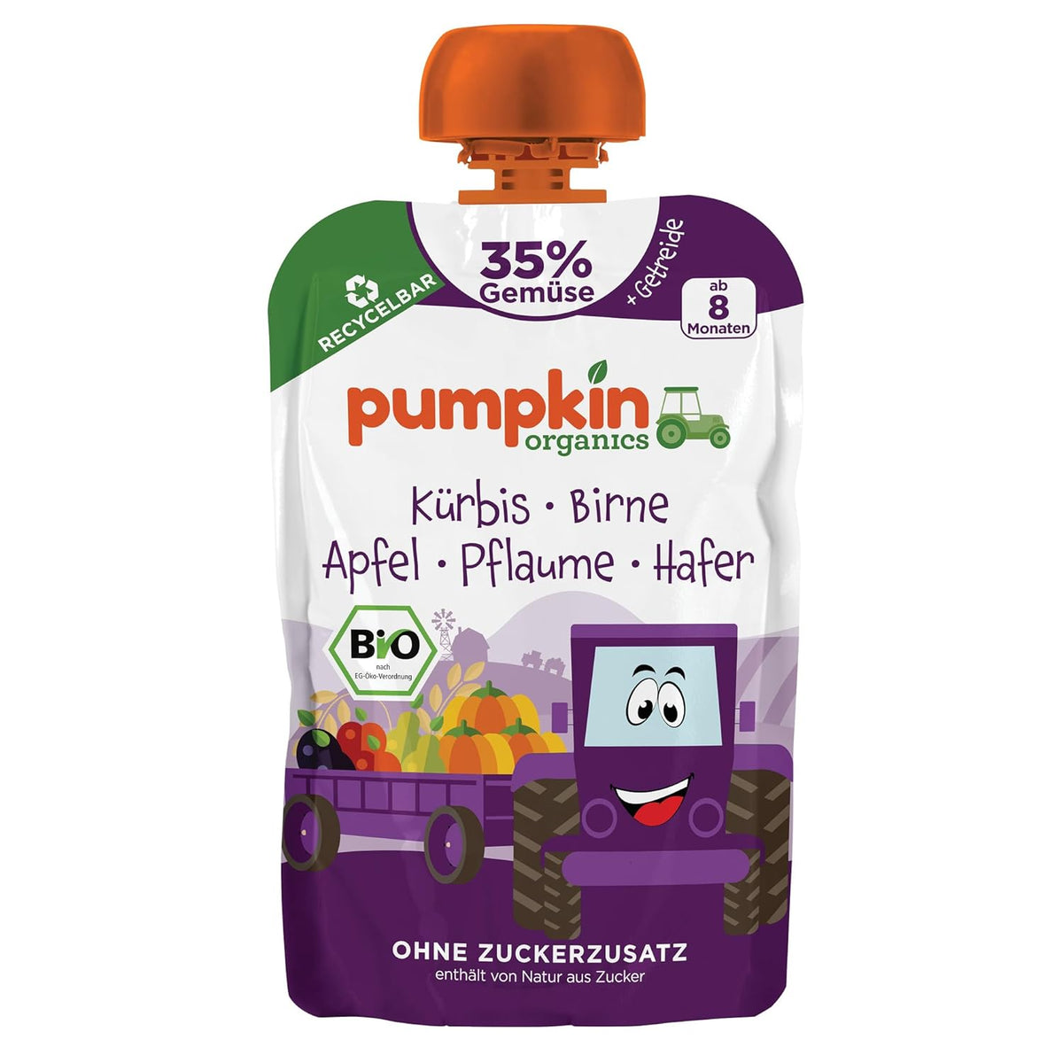 Pumpkin Organics Bio Gemüse-Getreide-Quetschie Kürbis, Birne, Apfel, Pflaume, Hafer ohne Zuckerzusatz¹ - ab 8 Monaten - als Snack lub Beikost für unterwegs (100g)