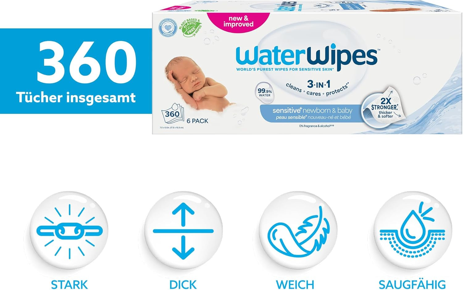 WaterWipes Sensitive+ Chusteczki nawilżane dla noworodków i niemowląt, 360 sztuk (6 szt.), 3 w 1 czyszczenie, pielęgnacja, ochrona, 99,9% wody, bez substancji zapachowych