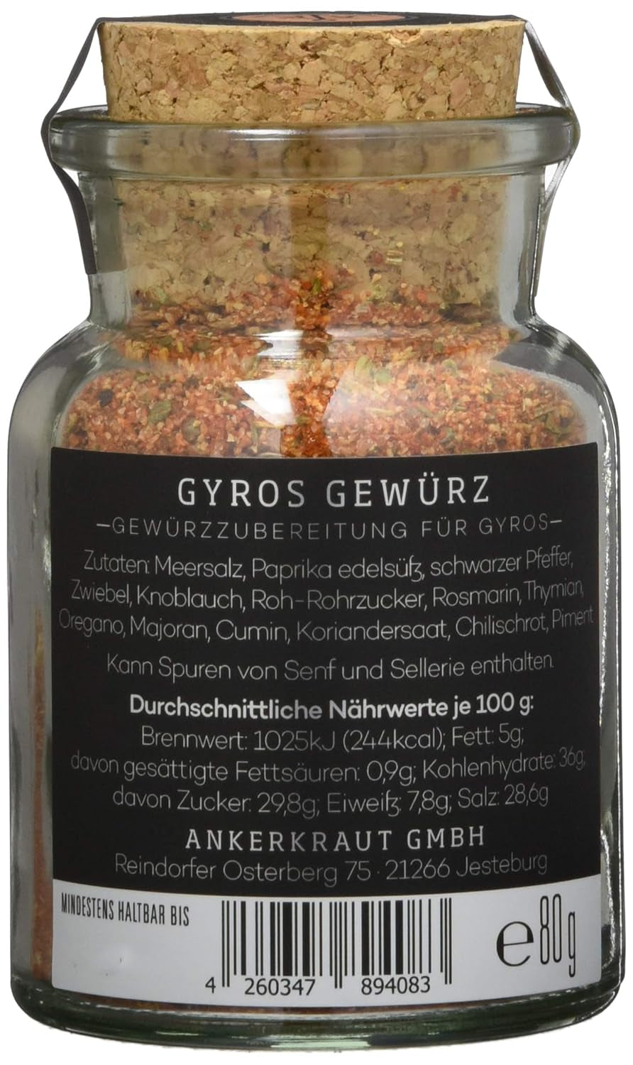 Ankerkraut Gyros, Gewürzmischung für Gyros, egal ob aus der Pfanne oder vom Grill, mit Zwiebel, Knoblauch, Majeranek, Kminek, Piment und Mehr, 80 g im Korkenglas