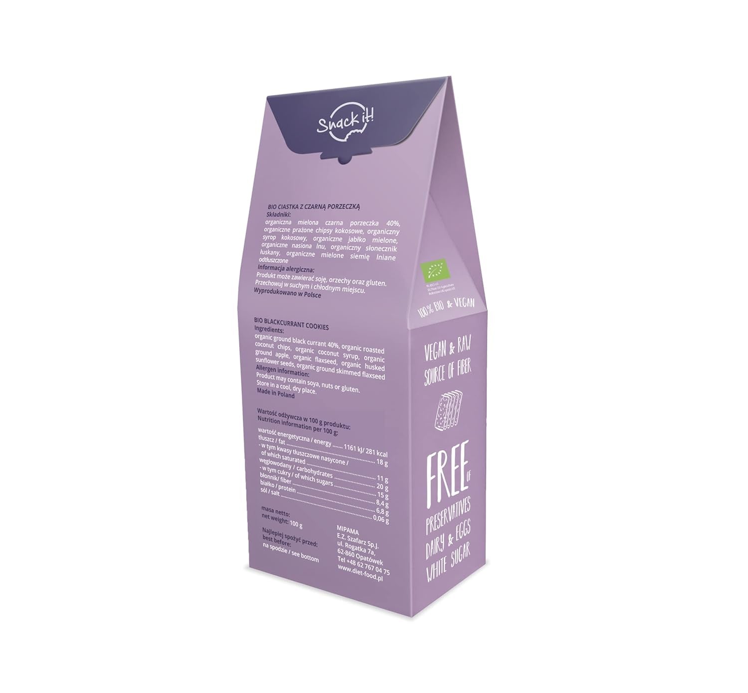 DIET-FOOD RAW Fursecuri cu coacăze negre organice Gustare sănătoasă Fursecuri delicioase pentru birou, fără conservanți 100 g (1 pachet)
