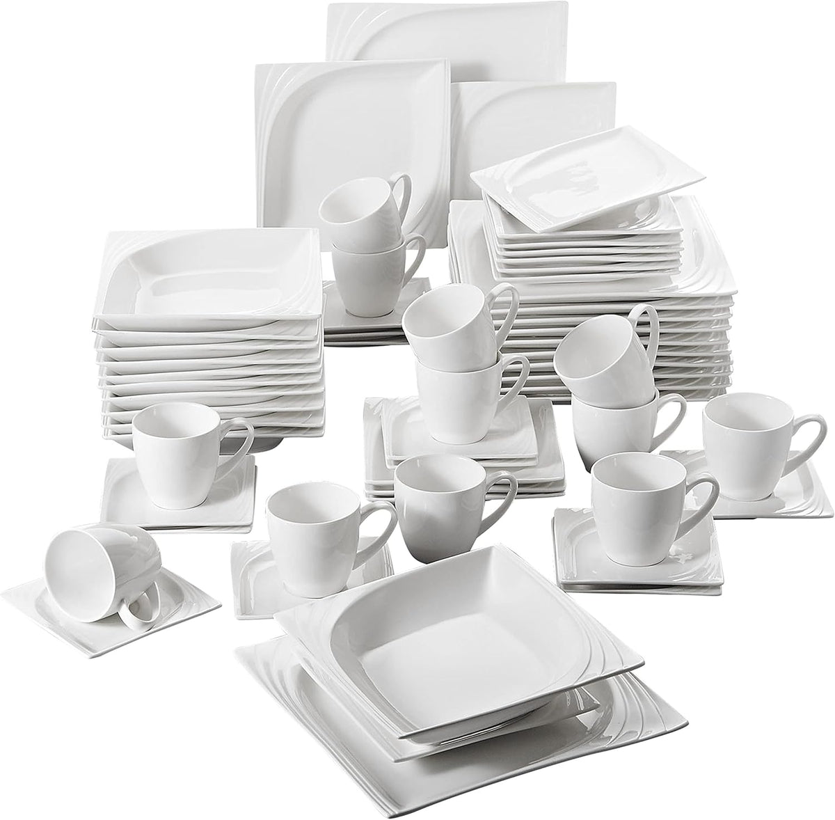 MALACASA, Seria Monica, Set de veselă pentru 12 persoane, Porțelan alb-crem, Serviciu combinat cu 12 cești de cafea, 12 farfurioare, 12 farfurii de desert, 12 farfurii de sumă și 12 farfurii de cină