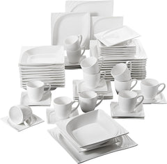 MALACASA, Seria Monica, Set de veselă pentru 12 persoane, Porțelan alb-crem, Serviciu combinat cu 12 cești de cafea, 12 farfurioare, 12 farfurii de desert, 12 farfurii de sumă și 12 farfurii de cină