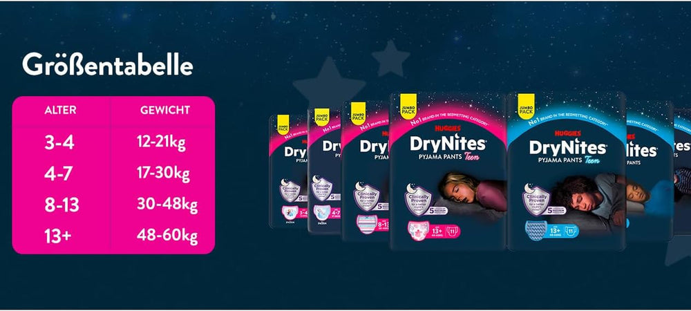 Huggies DryNites Pieluszki do moczenia nocnego, chłopcy 13-około 17 lat (48-60kg), 33 sztuki (3x11), duże opakowanie miesięczne, majtki XL