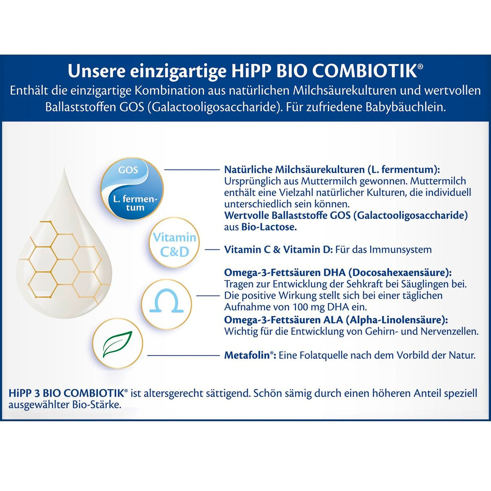 HiPP 3 Organic Combiotik (4 x 600g), mleko następne od 10 miesiąca życia, z naturalnymi kulturami kwasu mlekowego, witaminami C i D, GOS, Omega-3 (DHA, ALA), najwyższej jakości organicznej