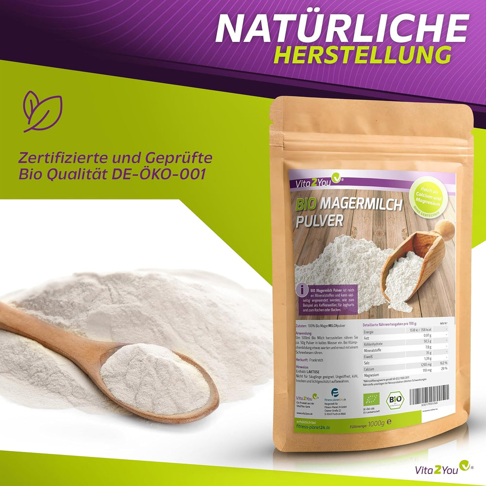 Vita2You Bio Odtłuszczone Mleko w Proszku 1000g - 100% Bio Qualität - do pieczenia - Kaffeeweißer - Milchpulver für Joghurts - 1kg - Premium Qualität