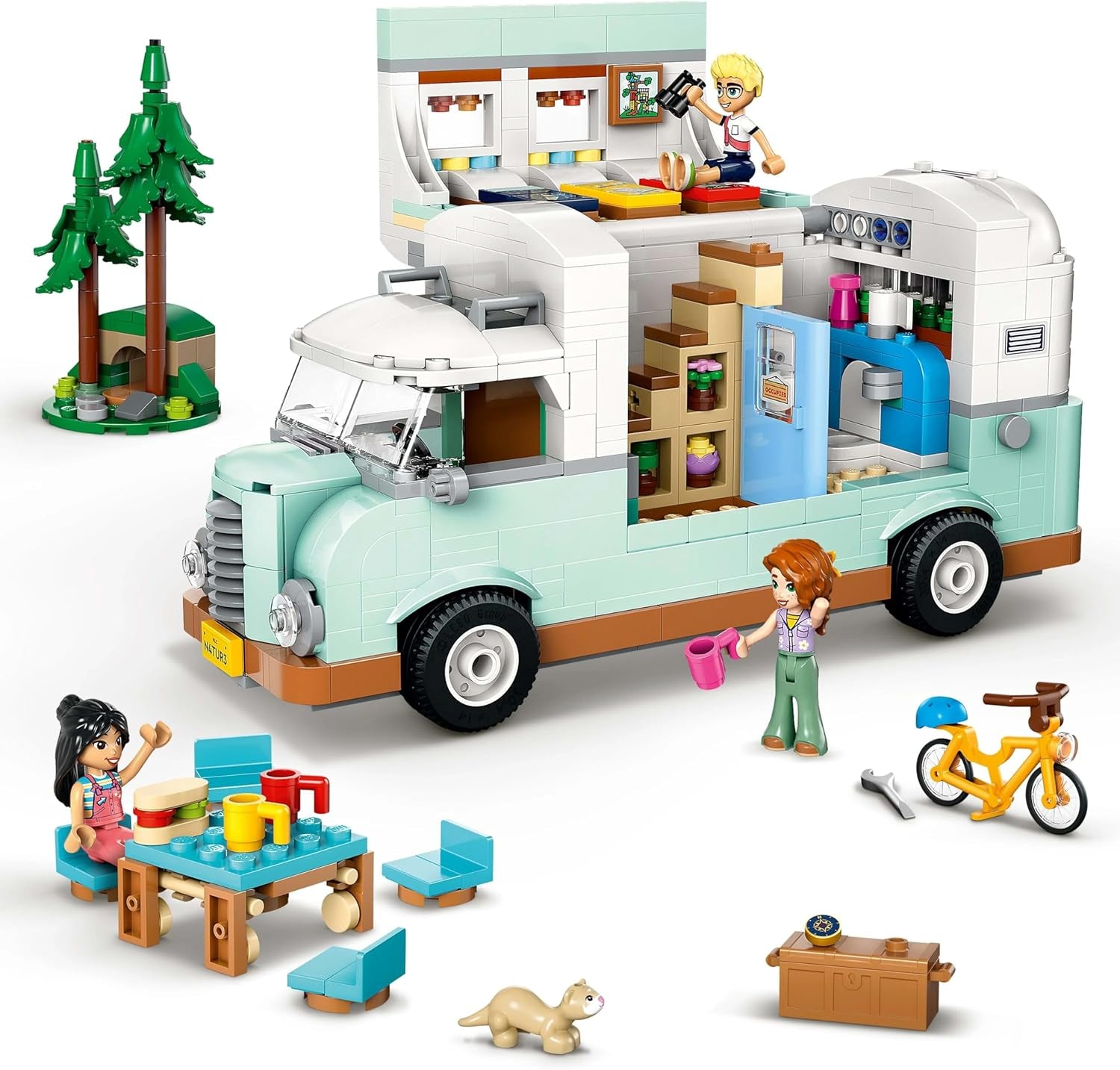 Przyczepa LEGO Friends, zestaw do budowania do odgrywania ról z przyczepą kempingową, prezent dla dziewczynek w wieku od 7 lat, kreatywny zestaw z 3 minifigurkami i figurką zwierzątka fretki 42663 Zestawy do budowania Besuche den LEGO-Store