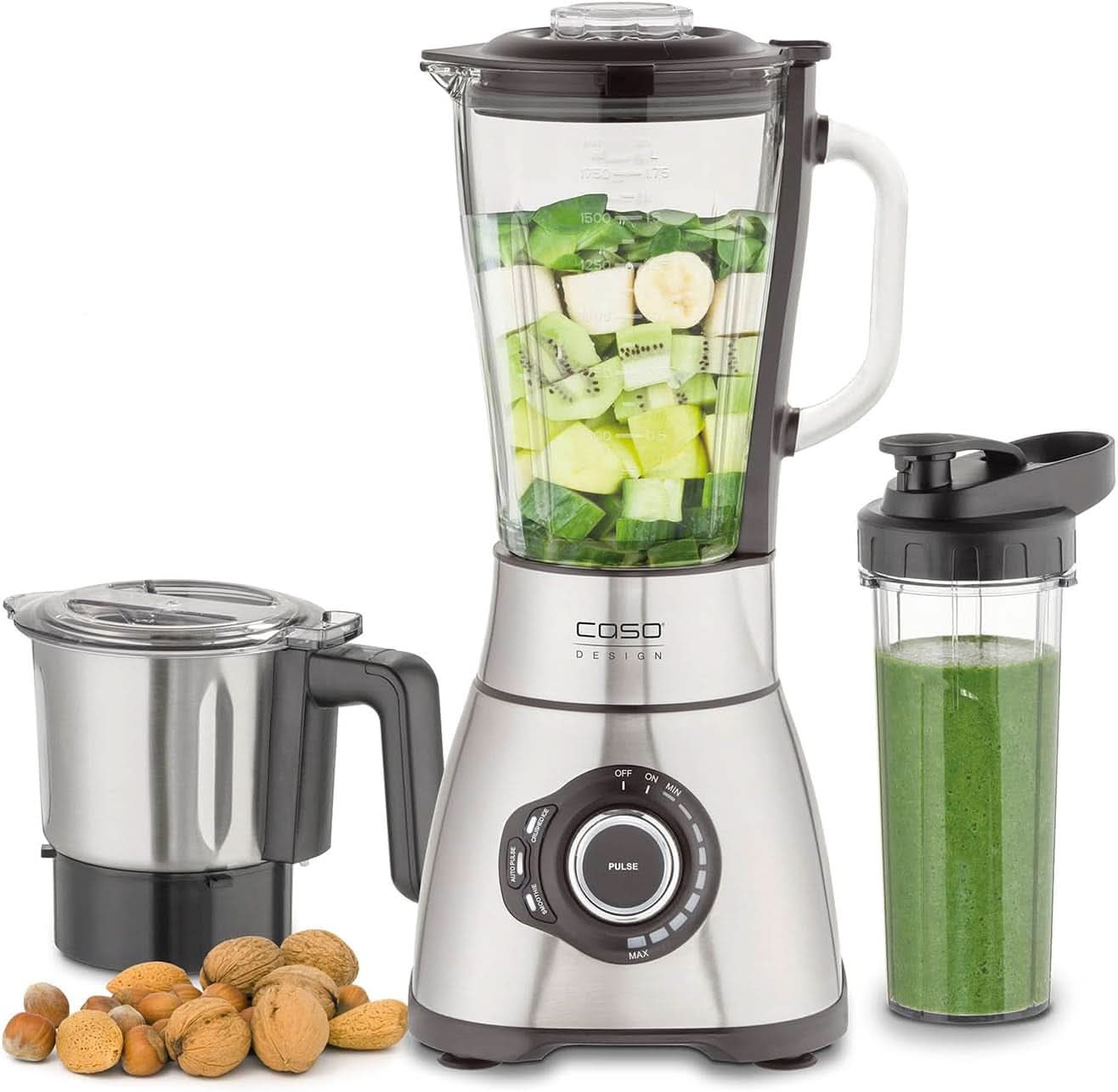 CASO B 1800 Powerblender-Set - Mikser stojący, 28 000 U/Min, Glasbehälter 1,75 L, Inkl. Trinkflasche Und Zerkleiner, Mixer Testsieger Mit Sehr Gut, Edelstahl Naty Shop
