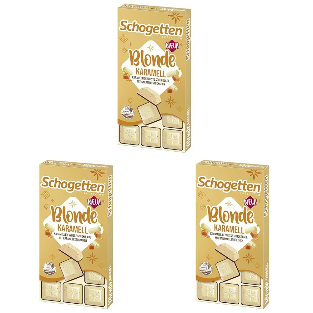 Schogetten Blond Karmel | Karmel z białą czekoladą i kawałkami karmelu | Tabliczka czekolady 100g | Wygodnie porcjowane