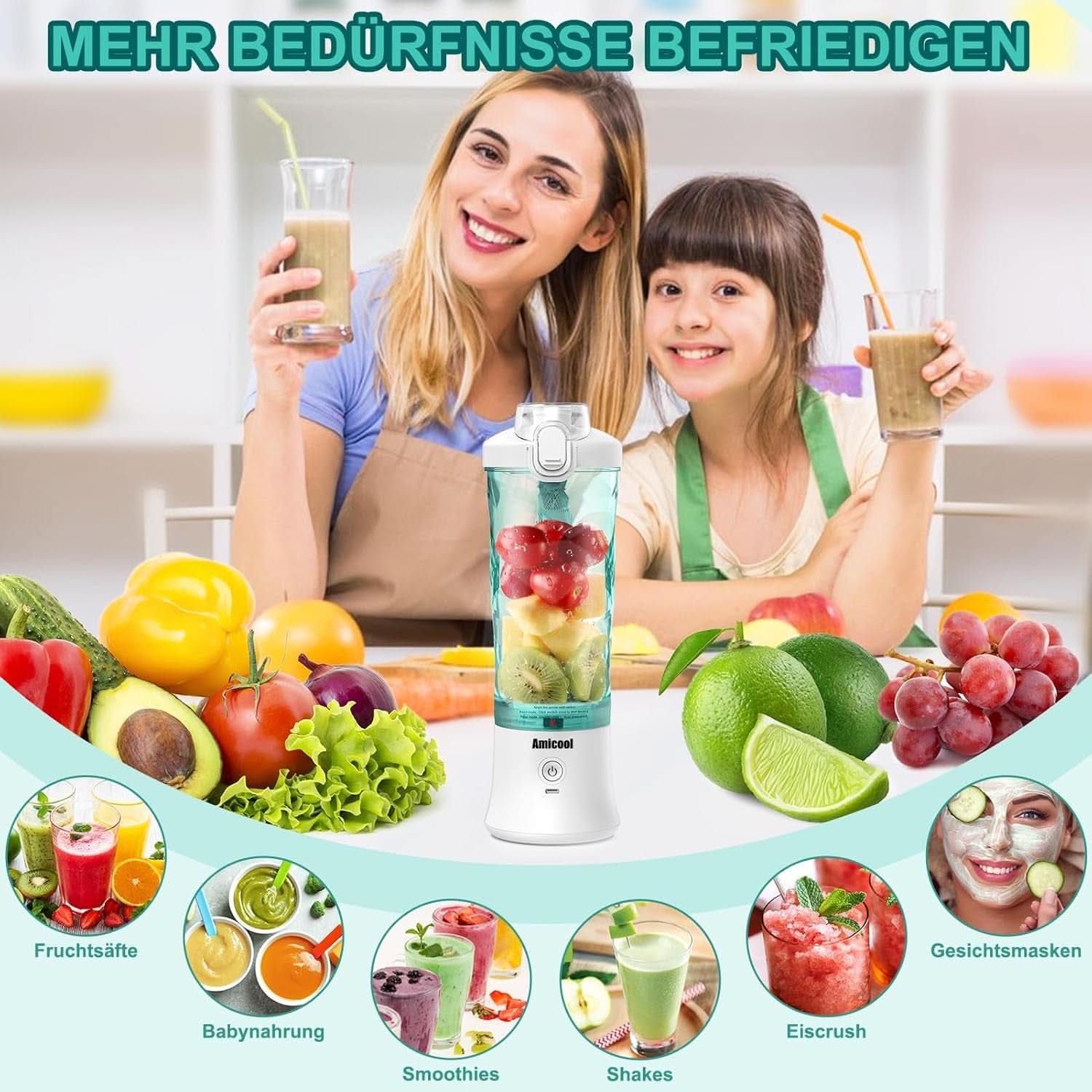 Mikser Smoothie Maker to Go, Mini Standmixer Tragbar Mit 6-Klingen Edelstahl, Enstafter Mit Reisedeckel, Przenośny blender USB Elektrisch 600Ml Butelka, Mikser Shaker Slushy Maker Wasserdichter Bucatarie Naty Shop