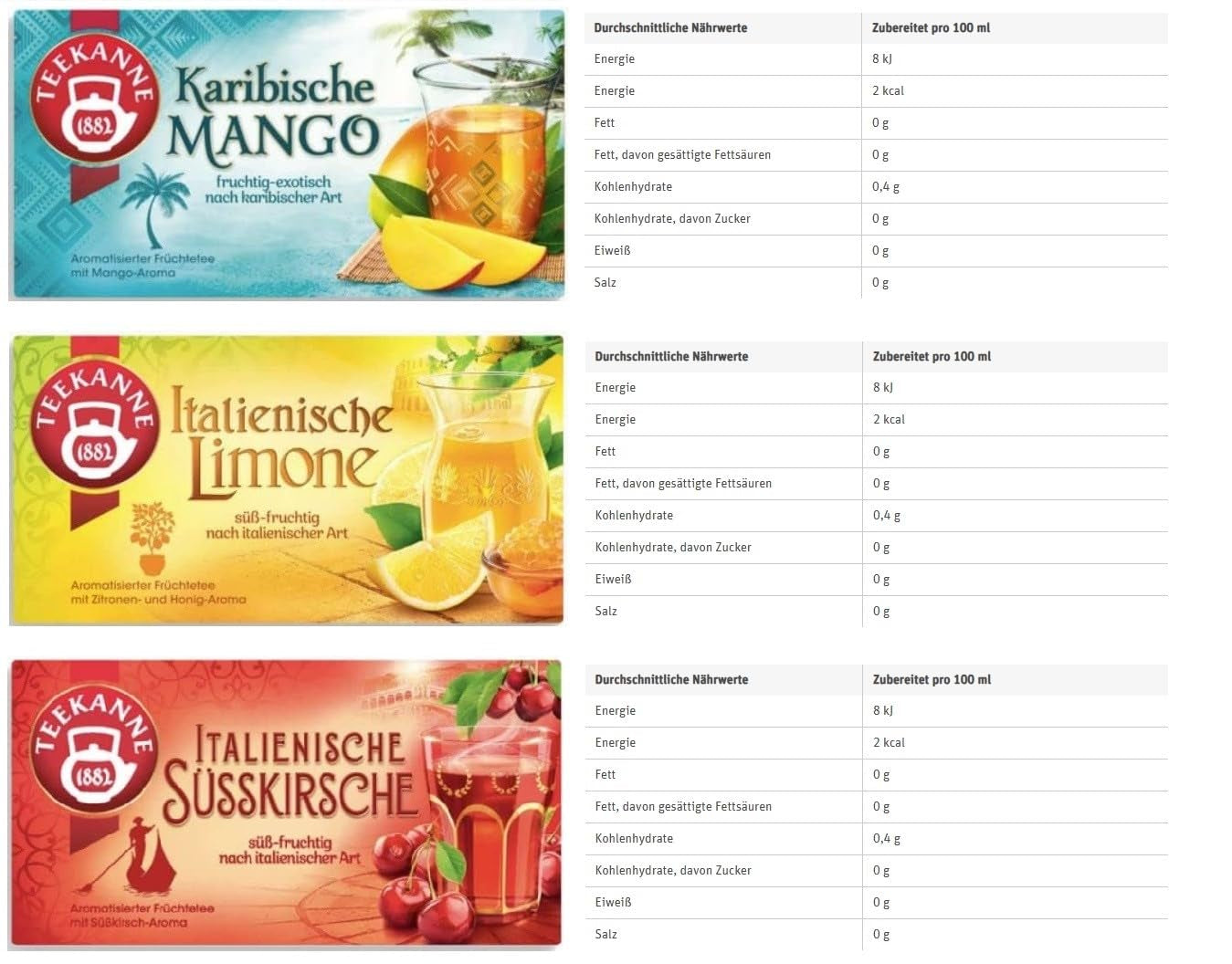 Teekanne Amestec de ceaiuri din diferite țări, caise grecești, portocale spaniole, lămâi italiene, mango din Caraibe, piersici mediteraneene, cireșe dulci italiene, 6 pachete, 270 g