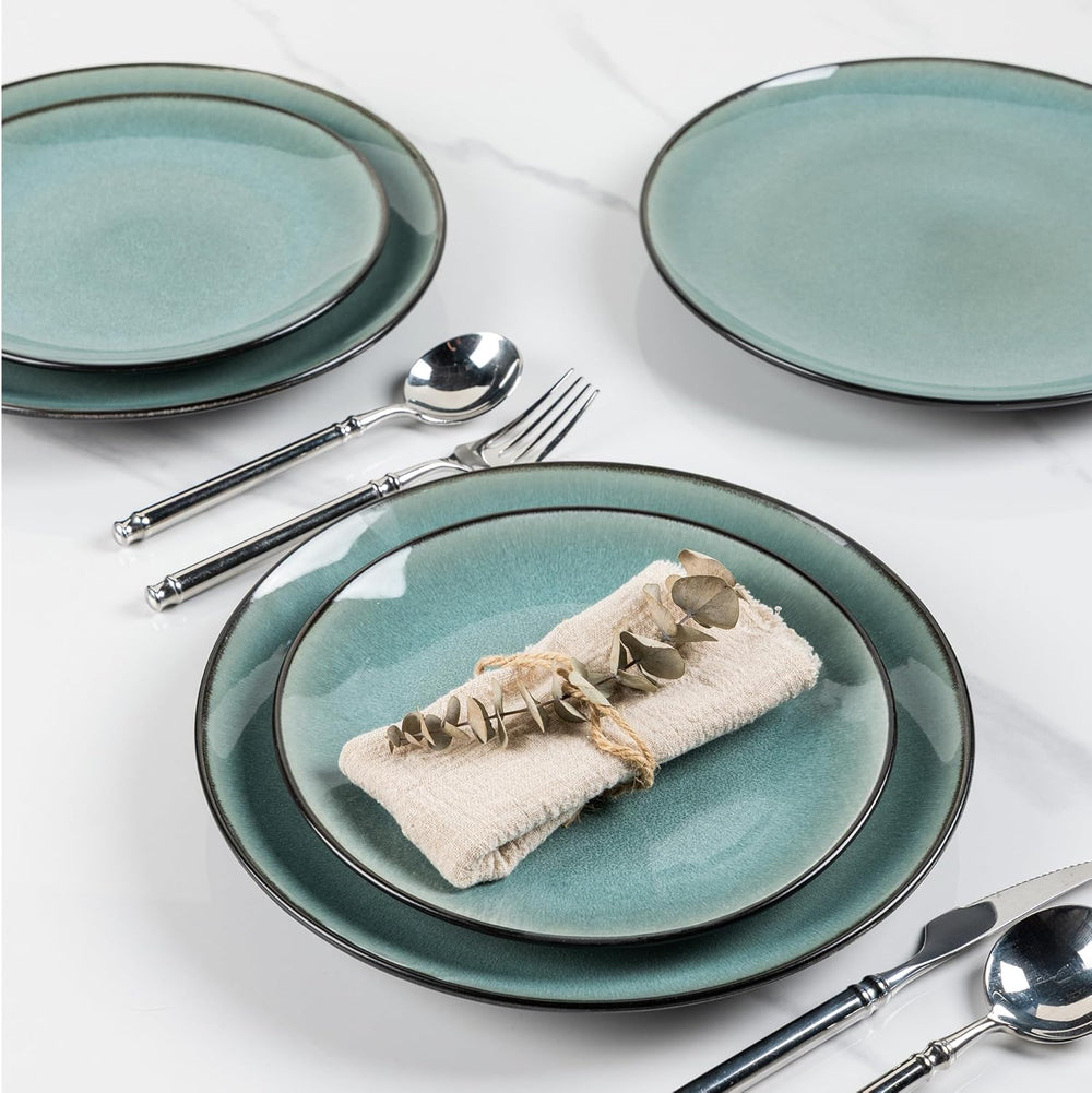 Set de veselă GBhome din gresie pentru 4 persoane, 12 piese, glazură reactivă, lucrat manual, potrivit pentru cuptorul cu microunde și mașina de spălat vase, set de bol și farfurie, culoare petrol, GDW025WB-EU