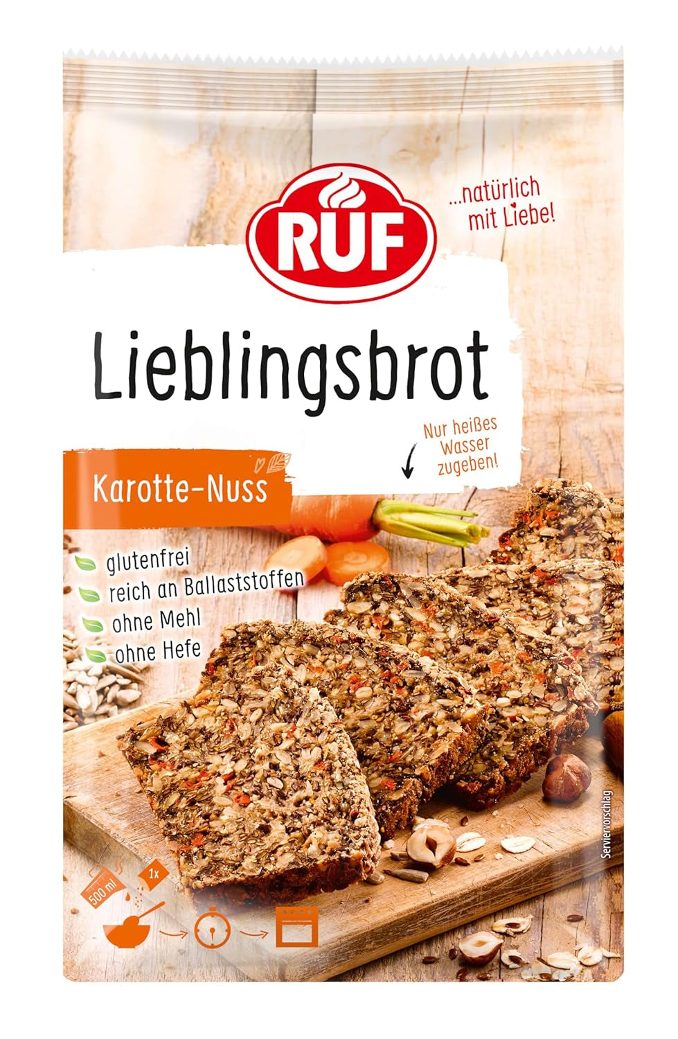 RUF Lieblingsbrot Protein, Brot-Backmischung, Brotmischung, Brotteig-Mischung, Proteinreiches Brot, Glutenfrei, Ohne Mehl & Hefe, 1 X 500G Naty Shop 600 G (opakowanie 1Er) Karotte Nuss