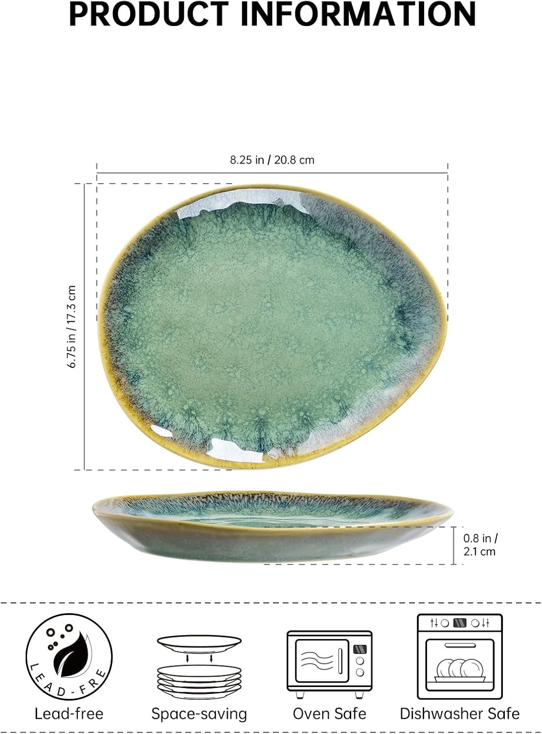 Henten Home Farfurii din gresie specială, boluri pentru gustări și sosuri - 20x17cm pentru 4 persoane, farfurii de mic dejun din porțelan - design modern verde