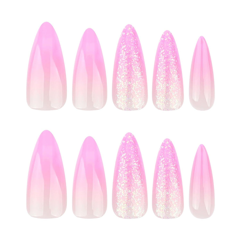 Mouyouglow Unghii lungi, Stiletto, alb lăptos, gradient roz, sclipici, cool, unghii false cu lipici, unghii artificiale roz Ombre sclipici