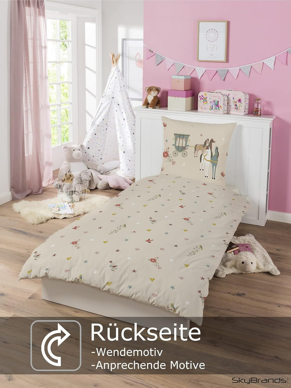 Skybrands Bettwäsche Prinzessin 135X200 [Mit Beutel] Einhorn Mädchen Bettwäsche Baumwolle 2 TLG. 1X Bettbezug 1X Kissenbezug Naty Sklep