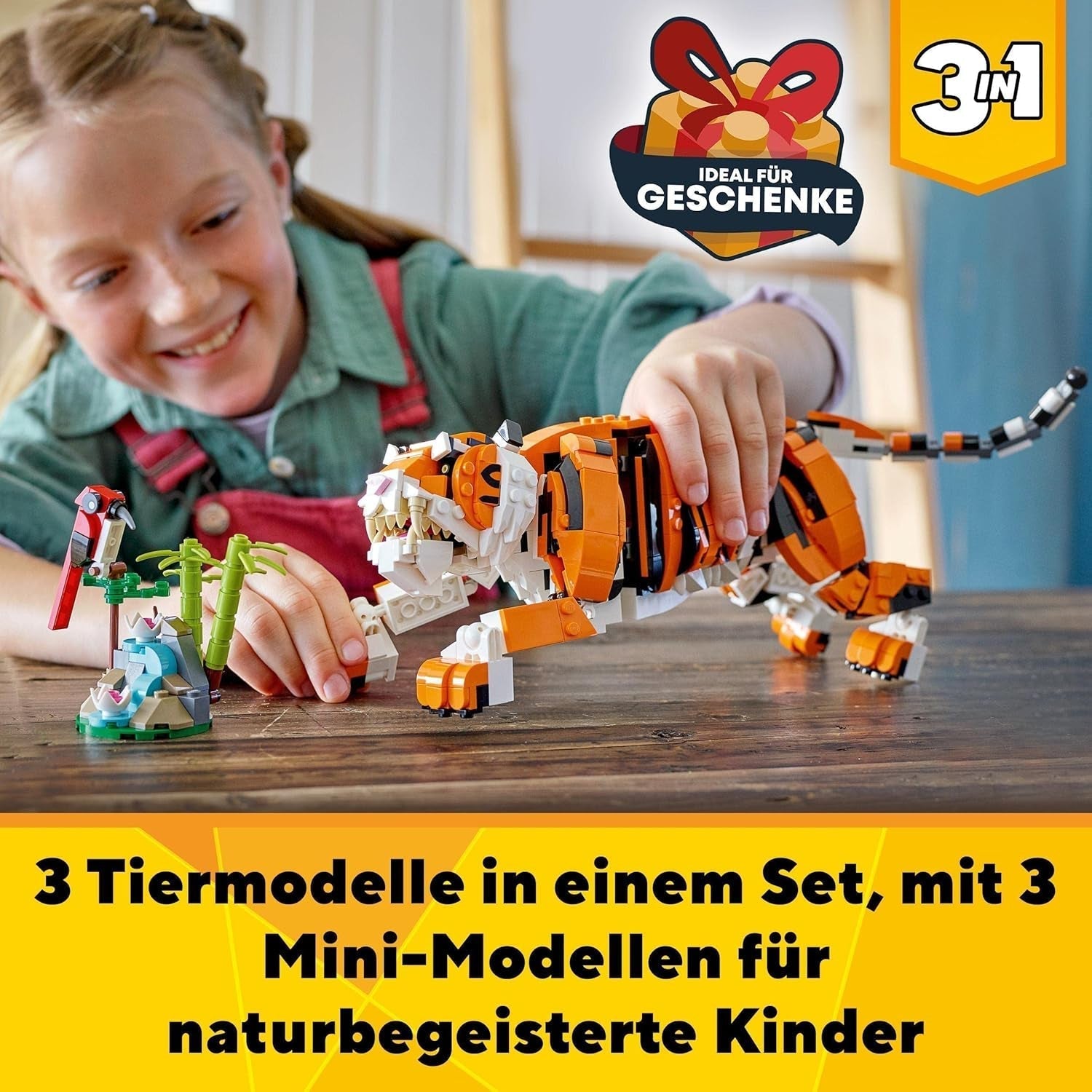 LEGO 31129 Creator Majestic Tiger, Panda or Fish Zestaw figurek zwierząt 3 w 1 dla dzieci Chłopcy i dziewczęta Zabawka do budowania Zwierzęta Zestawy do budowania Besuche den LEGO-Store