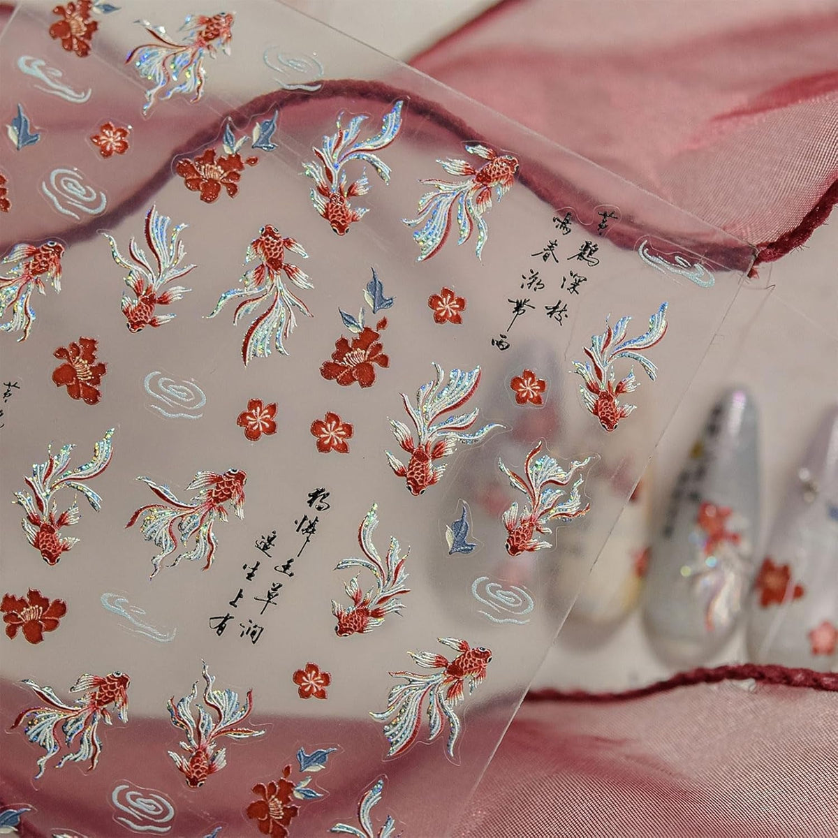 JMEOWIO 3D Nagelsticker Koi Fisch Nail Art Sticker Selbstklebend Nagelaufkleber 5D Stereoskopisch Dekoration Nageldesign Zubehör 1 Blatt