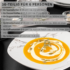 SÄNGER | Set de veselă combinat Bilgola din marmură, set de veselă cu 36 de piese pentru 6 persoane, cu farfurii de cină, farfurii de desert, farfurii de sumă, boluri pentru cereale, farfurii de cafea și farfurioare din porțelan, pătrat | COLECȚIA PREMIUM