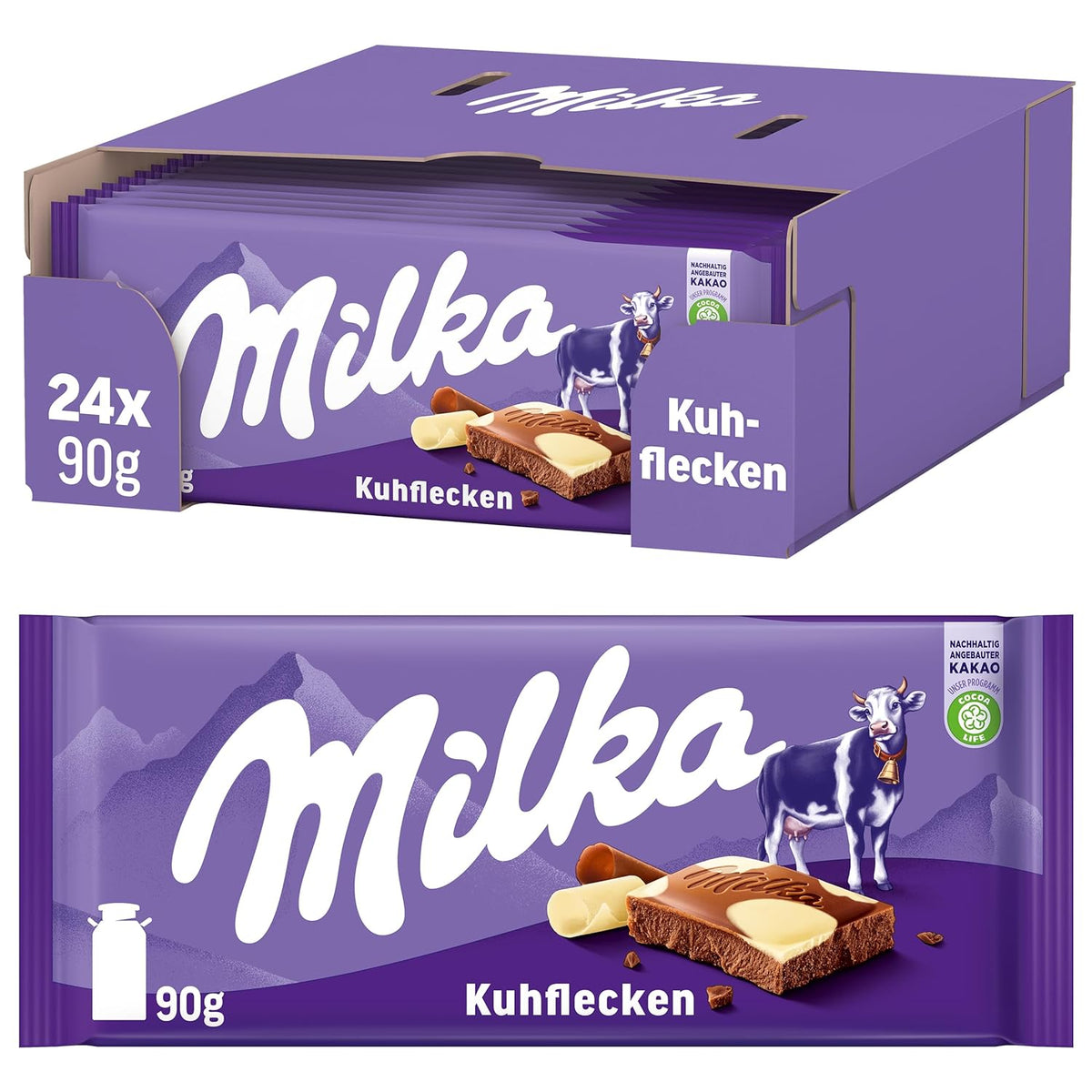 Milka Cow Spots – Alpejska czekolada mleczna z białą czekoladą w kształcie krowich kropek – 24 x 90g