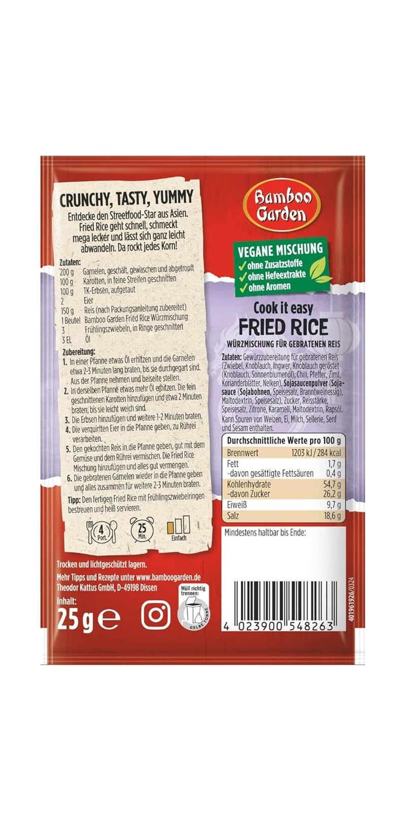 Bamboo Garden - Fried Rice Würzmischung | Gewürz für gebratenen Reis | Für 4 Portionen | Vegan, ohne Hefeextrakte, ohne Aromen | 25 g im Beutel
