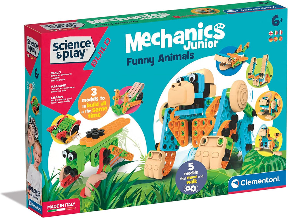 Clementoni 97860 Science & Play Build – Mechanics Junior Lustige Tiere, Bausatz für 8 Tiermodelle, motorbetriebenes Konstruktionsspielzeug für Kinder ab 6 Jahren Amazon Exclusive