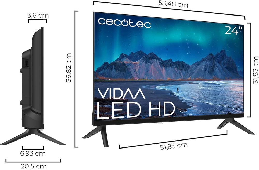 Televizor inteligent Cecotec - televizor LED de 24 de inci, rezoluție HD - Seria A5 ALH50024. Televizor inteligent VIDAA, sistem audio Dolby, Wi-Fi integrat, mufă pentru căști, 3 porturi HDMI și 2 porturi USB.
