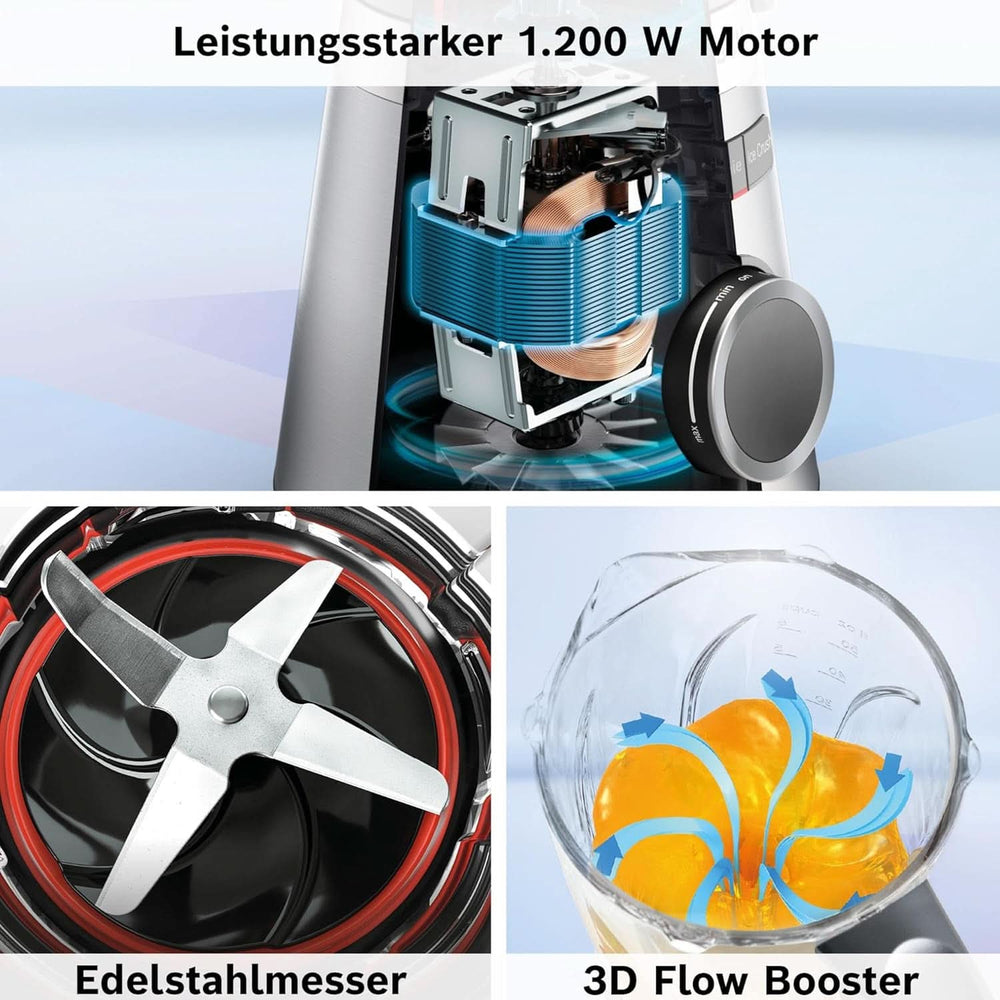 Mikser stojący Bosch Vitapower Serie 4 MMB6172S, Edelstahl-Klingen, 1,5 l Thermosafe Glasbehälter, Stopfer, Spülmaschinengeeignete Teile, 30 000 U/Min, 1200 W, Silber Mother and Child Naty Shop