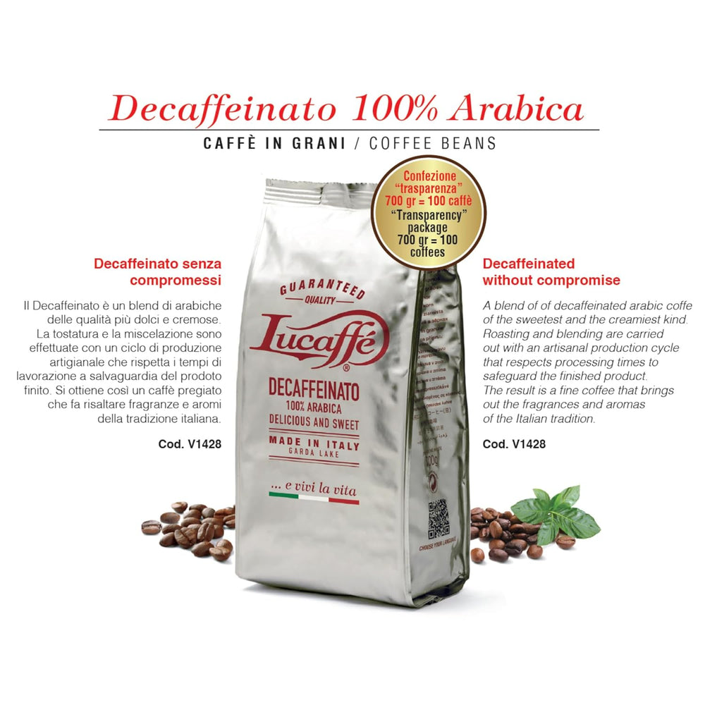 Lucaffè - Entkoffeinierte Kaffeebohnen Decaffeinato, 700 Gr | Kaffeebohnen zum Mahlen für Espresso ohne Koffein | Dunkle Röstung | Süßer und fruchtiger Geschmack, cremig | Intensives Aroma