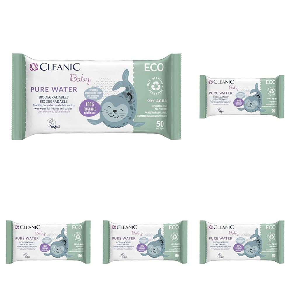 Cleanic Baby Eco Pure Water Chusteczki nawilżane – (1 x 50 szt.) Chusteczki nawilżane dla dzieci i niemowląt – bezzapachowe, spłukiwane, skóra wrażliwa – 50 szt.