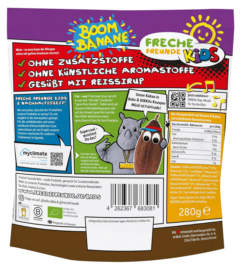 FRECHE FREUNDE KIDS, Bobs & DIKKAs Chrupiące muesli kakaowe z bananami, Muesli z chrupiącą czekoladą dla dzieci, o niskiej zawartości cukru, bez dodatków, 100% wegańskie, 6 sztuk (6 x 280g)