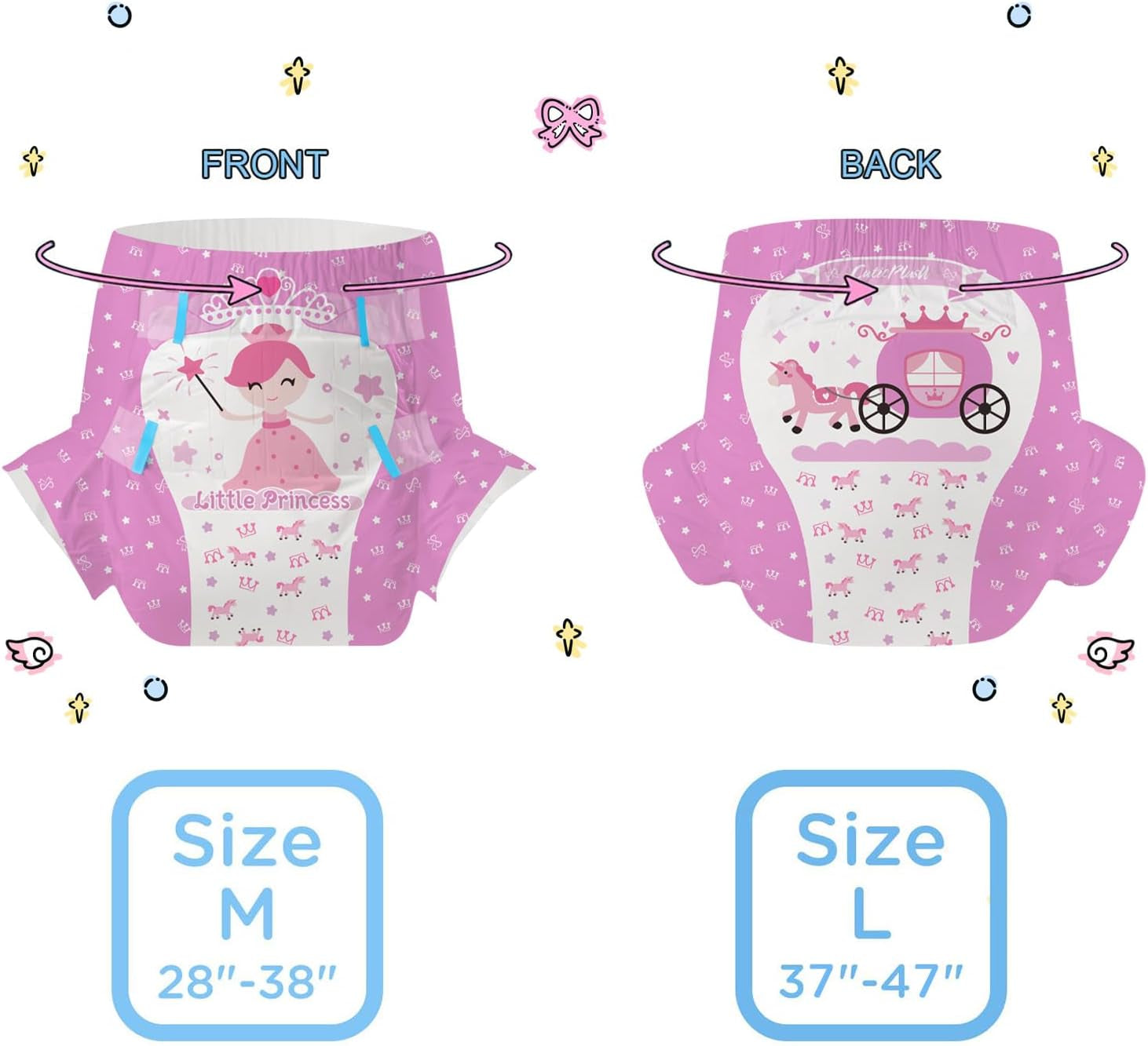 Pieluchy dla dorosłych CutiePlusU, 10 sztuk, jednorazowe majtki na nietrzymanie moczu z prześcieradłem dla kobiet i mężczyzn, maksymalna chłonność przez noc - Mała Księżniczka (duży rozmiar 94-119 cm)