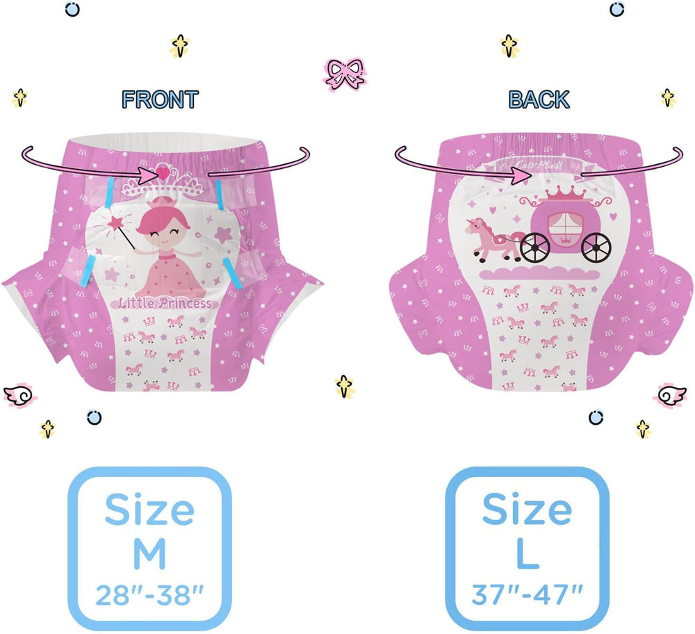 Pieluchy dla dorosłych CutiePlusU, 10 sztuk, jednorazowe majtki na nietrzymanie moczu z prześcieradłem dla kobiet i mężczyzn, maksymalna chłonność przez noc - Mała Księżniczka (duży rozmiar 94-119 cm)